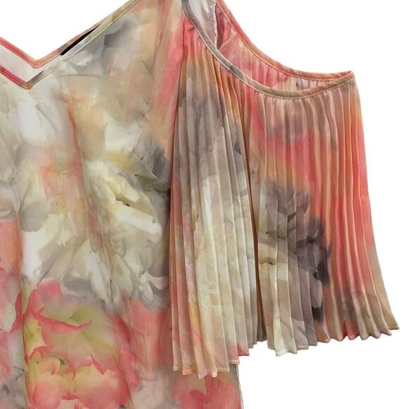 WHITE HOUSE BLACK MARKET COLD SHOULDER WATERCOLOR DRESS ECRU PEACH SZ 00 NWT - Picture 2 of 10